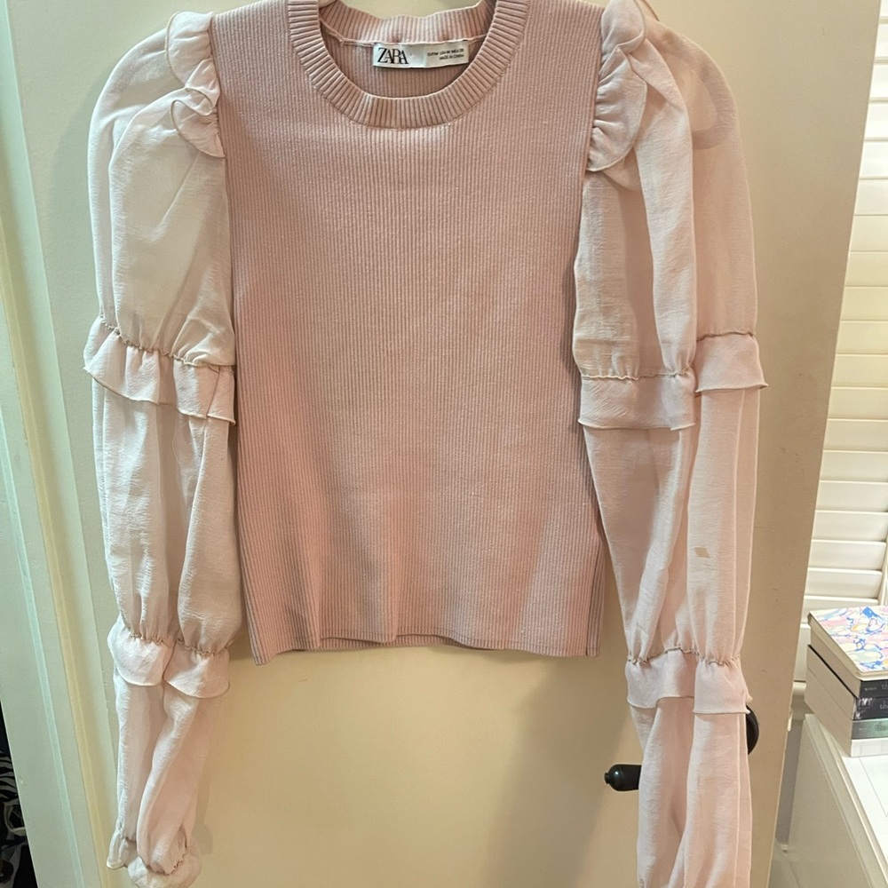 Zara rose sweater with ruffle sleeves